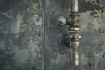 Industrial beer tap, exposed screws, isolated, concrete texture background, harsh side lighting