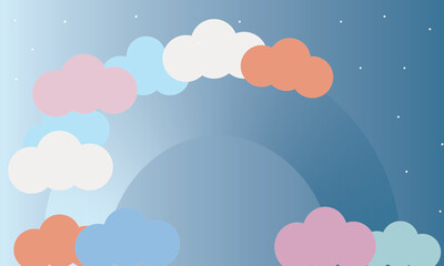 Illustration of clouds and rainbow. Blue background. Background for design for children. Children's background.