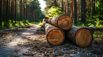 A group of three logs sitting on a dirt road in the woods, AI