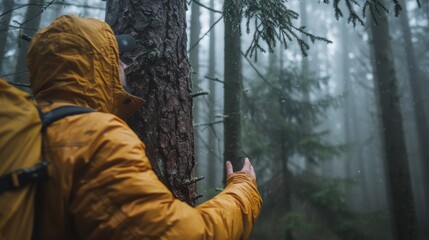 A man in yellow jacket standing next to a tree with rain falling, AI - Powered by Adobe
