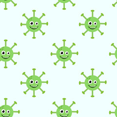 Obraz premium Seamless Pattern with Cute cartoon character virus. Microbiology organism funny face wallpaper. Mascot expressing emotion background. Vector children illustration in flat design.