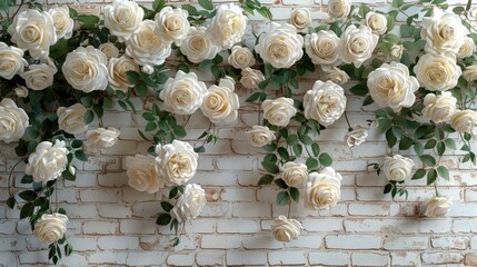 white roses allover winding up in tendrils on a old creme white painted brick wall, illustration made with Generative Ai