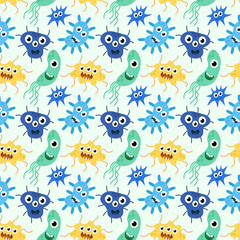 Fototapeta premium Seamless Pattern with Cute cartoon characters virus, bacteria, microbe. Microbiology organisms funny face wallpaper. Mascot expressing emotion background. Vector children illustration in flat design.