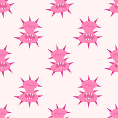 Seamless Pattern with Cute cartoon character virus, bacteria, microbe. Microbiology organism funny face wallpaper. Mascot expressing emotion background. Vector children illustration in flat design.