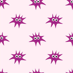Seamless Pattern with Cute cartoon character virus, bacteria, microbe. Microbiology organism funny face wallpaper. Mascot expressing emotion background. Vector children illustration in flat design.