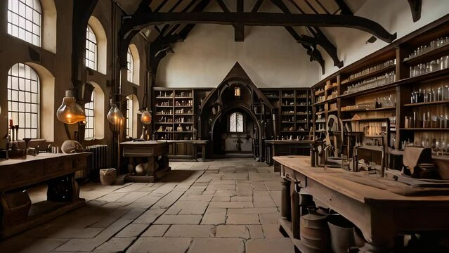 vintage photograph captures the essence of an alchemist's laboratory, where science and fantasy merge in experiments surrounded by old manuscripts and witchcraft symbols