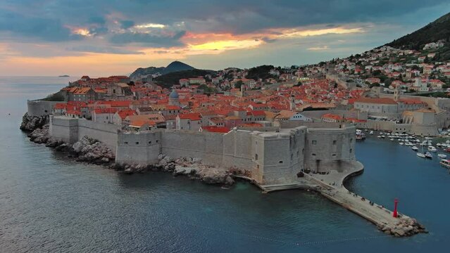 Aerial view of Dubrovnik at sunset, city in southern Croatia coast of Adriatic Sea, Europe, 4k