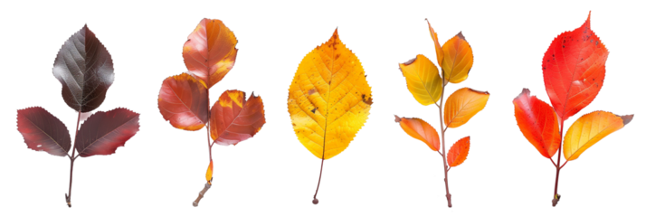 set of witch alder, showcasing their flamboyant fall colors, isolated on transparent background