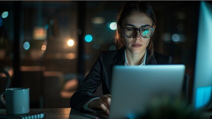 a woman wearing glasses, a black blazer, and a white shirt working on a laptop in a dark room, illuminated only by the light of her computer screen - obrazy, fototapety, plakaty