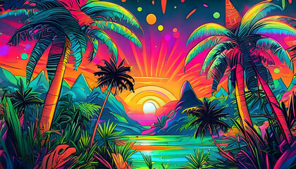 Fototapeta na wymiar Abstract neon tropical jungle foliage banner on digital art concept, Generative AI.