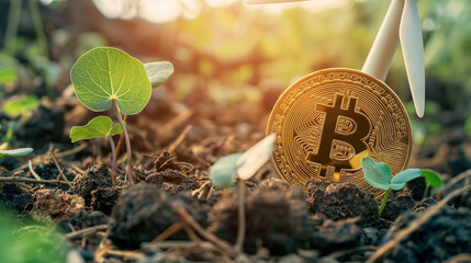 Planting plants on coins Gold Ladder Growth Concept Bitcoins Finance Cryptocurrency Technology Bitcoins blockchain - obrazy, fototapety, plakaty