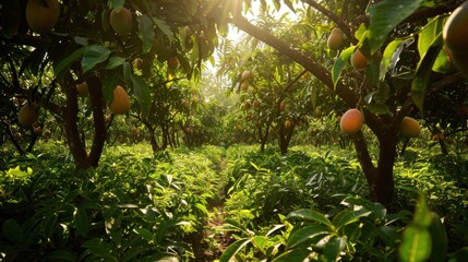 Mango orchards boast abundant yields and vibrant foliage, showcasing the beauty and bounty of tropical fruit cultivation. - obrazy, fototapety, plakaty