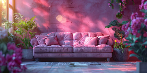 Living Room Design With Pink-Violet Sofa And Minimalist Backdrop