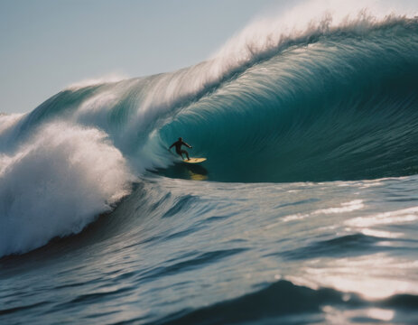 surfist in the wave, a radical image of surf, sunny day, packshot in surfist on top of wave, top view