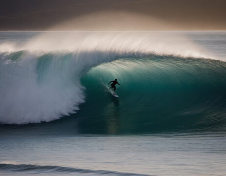 surfist in the wave, a radical image of surf, sunny day, packshot in surfist on top of wave, top view
