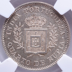 Silver coin from India Portuguese. Obverse of a quarter of a rupee coat of arms from the reign of Dom Luiz I