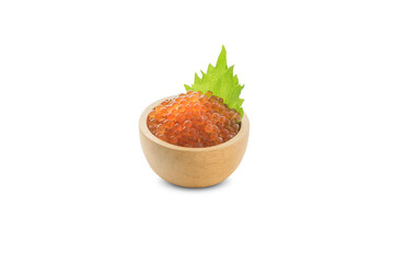 Salmon roe marinated in soy sauce In a wooden cup and shiso leaf on a white background (isolated & Clipping path)