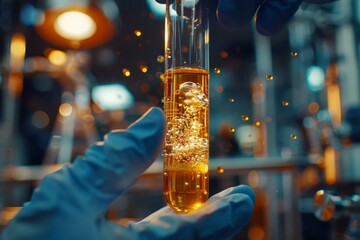 Close-up shot of a scientist's hands holding a glass test tube filled with  liquid Chemical substance, with a blurred background of laboratory equipment.