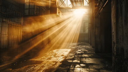 Dramatic sunlight streams casting golden hues over a wet urban alleyway, highlighting a serene city morning.
