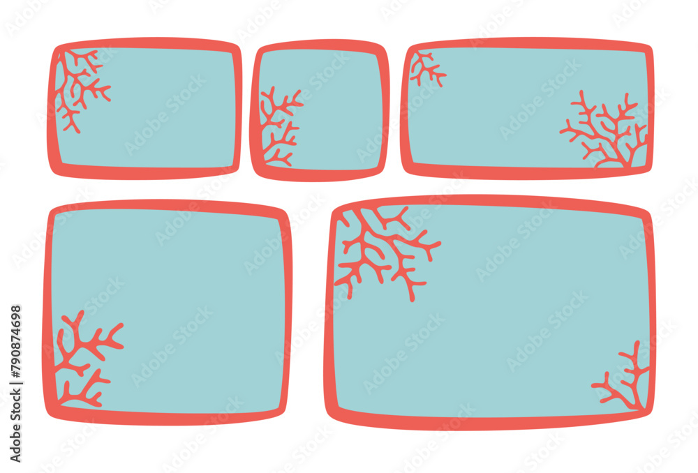 Poster set of minimalistic summer marine hand drawn blank text frames with corals. colored text box. isolat