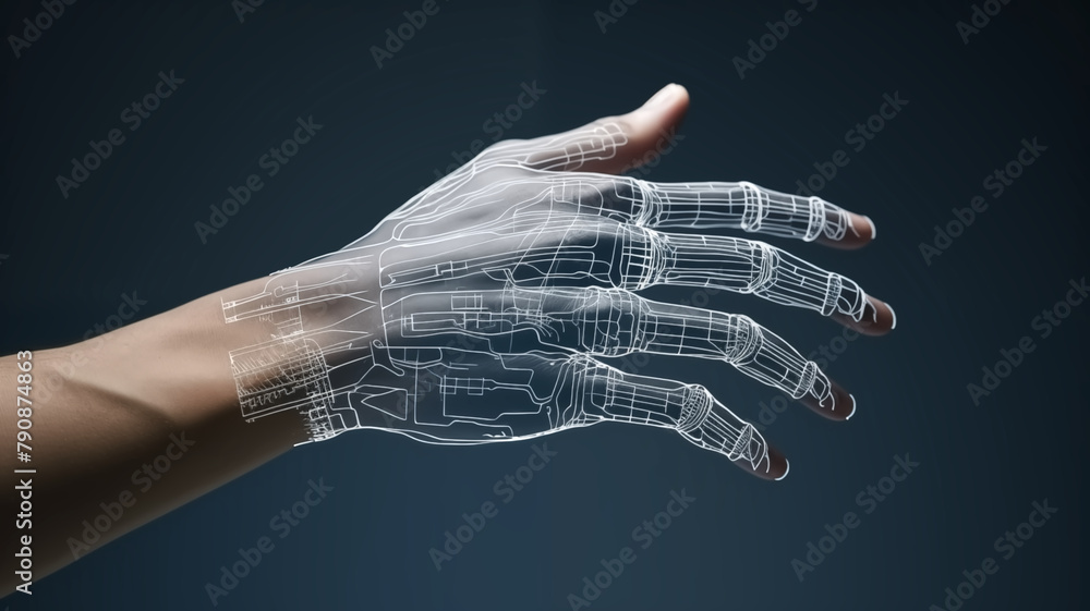 Poster human hand extended with a conceptual holographic projection of a robotic arm, symbolizing advanced 
