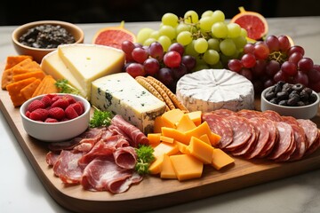Culinary Creations: Artisanal Cheese Platter with Assorted Crackers and Fruits,ai generated