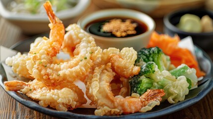 A plate of crispy tempura vegetables with dipping sauce - obrazy, fototapety, plakaty