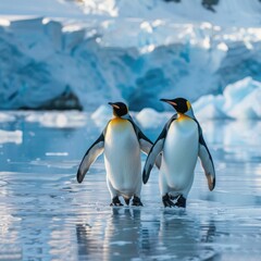 Fototapeta premium A couple of penguins walking together on the ice