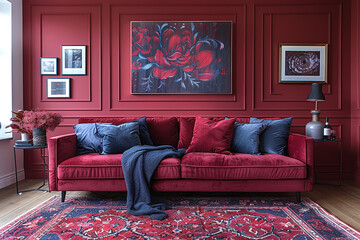 A Cozy Red and Burgundy Living Space with Modern Art and Plush Furniture