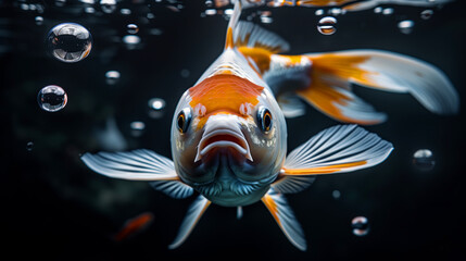 A fish with orange and white stripes is swimming in a dark blue water. The fish has a sad expression on its face. a Koifish swims underwater in the dark with bubbles above