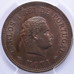 Portrait of King Dom Carlos I on a cooper coin from India Portuguese from the year 1901