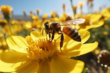 Flying honey bee collecting pollen at yellow flower.ai generated