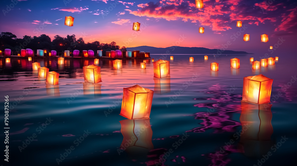 Poster twilight sky reflected in tranquil waters with floating lanterns creating a magical and peaceful atm
