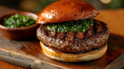   A hamburger atop a wooden cutting board Nearby, a small bowl of pesto