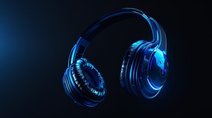 Sleek blue neon headphones casting a soft glow, the essence of modern audio technology