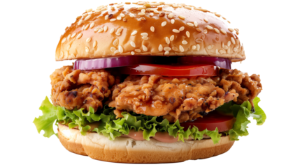 chicken burger cut out, burger isolated on transparent background 