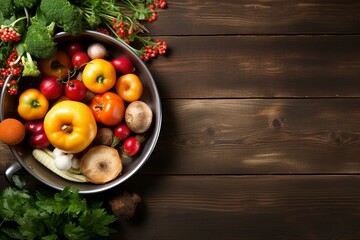 Fresh organic fruits and vegetables on wooden background,ai generated