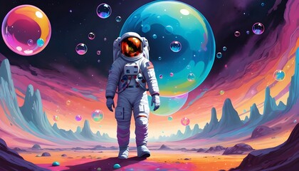 Astronaut in a space suit is flying in space next to planets and star - obrazy, fototapety, plakaty