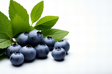 A pile of blueberries with leaves on top,copy space,ai generated