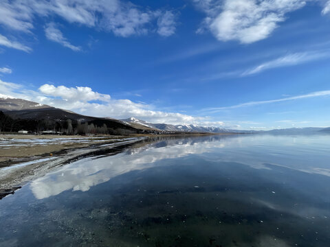 Majestic serenity: snowy mountains embracing tranquil waters