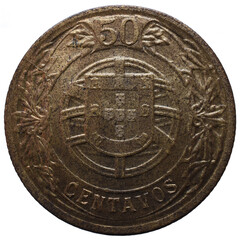 Portuguese 50 cents coin in aluminum bronze from the first republic in Portugal