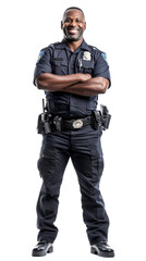 Full body photo of a smiling black male police officer, isolated on white