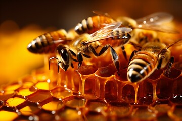 Honeycomb with bees collecting honey. Beekeeping, wholesome food for health,ai generated