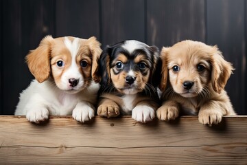 Three puppies on a wooden background,ai generated