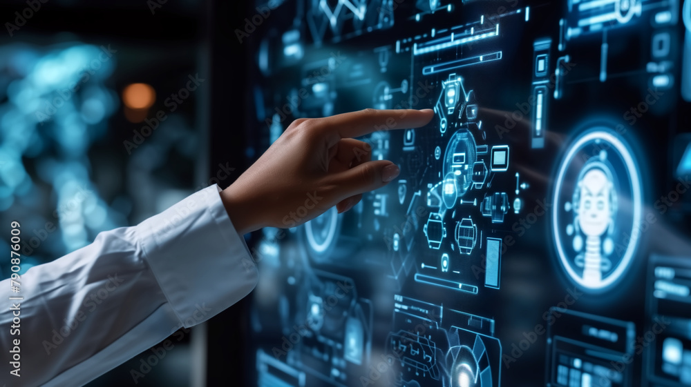 Poster a person interacts with a futuristic holographic interface, touching virtual icons that represent ad