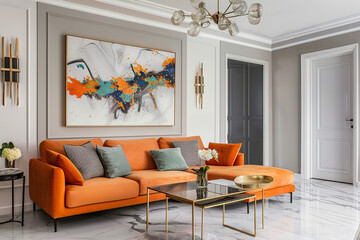 Modern living room interior with a sconce on the sides of a large horizontal poster above an orange sofa with pillows, flowers in a vase on a glass table, a chandelier on a white ceiling, white doors.