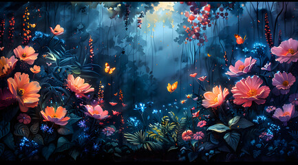 Enchanted Extraterrestrial Eden: Giant Butterflies and Bioluminescent Foliage Wonderland - obrazy, fototapety, plakaty