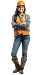 Full body photo of a smiling hispanic female engineer, isolated on white