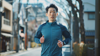 40 years old asian male running in the street front face