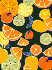 Fresh orange, lemon, tangerine, mandarin fruits vector background illustration.